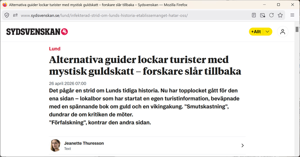Sydsvenskans artikel den 26 pril 2026 om Lunds ideella turistinformation Destination Lund