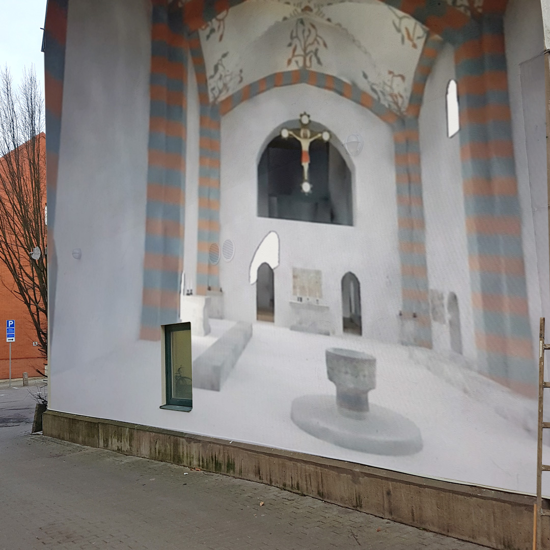 Förslag på fasadmålning om kyrkan Drotten vid Kattesund i Lund