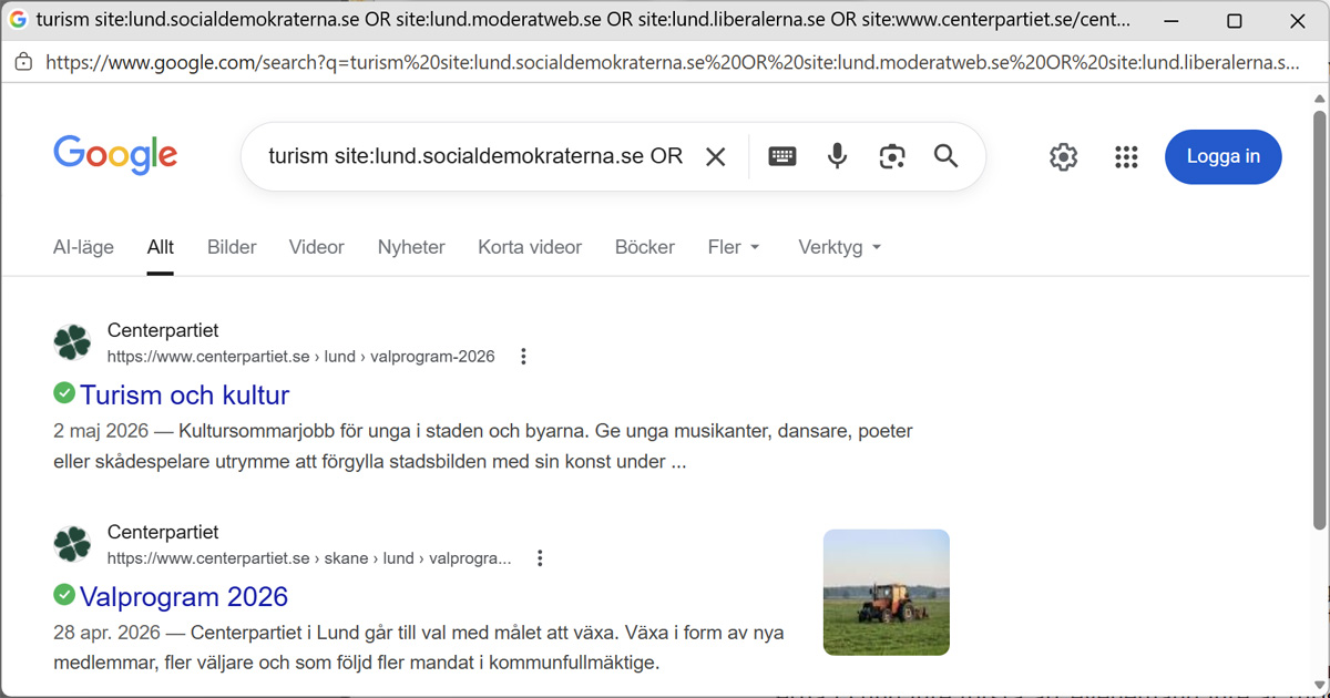 Sökning efter ordet 'turism' efter 1 januari 2025 på webbplatserna för de olika partierna i Lund