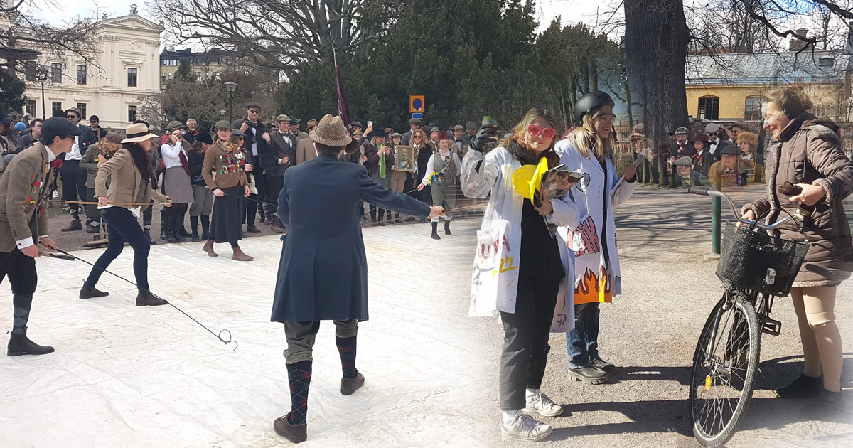 Toddygumbor som säljer Toddybladet under Stora Toddydagen i Lund