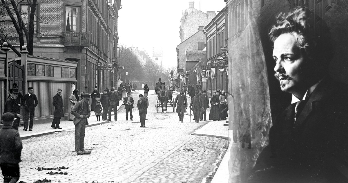 Klostergatan i Lund som den såg ut under August Strindbergs tid i Lund