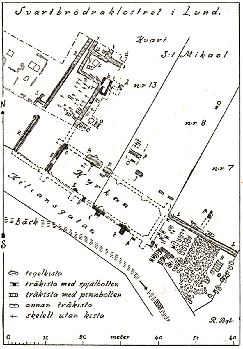 Arkeologisk karta från 1940-talet över Svartbrödraklostret i Lund