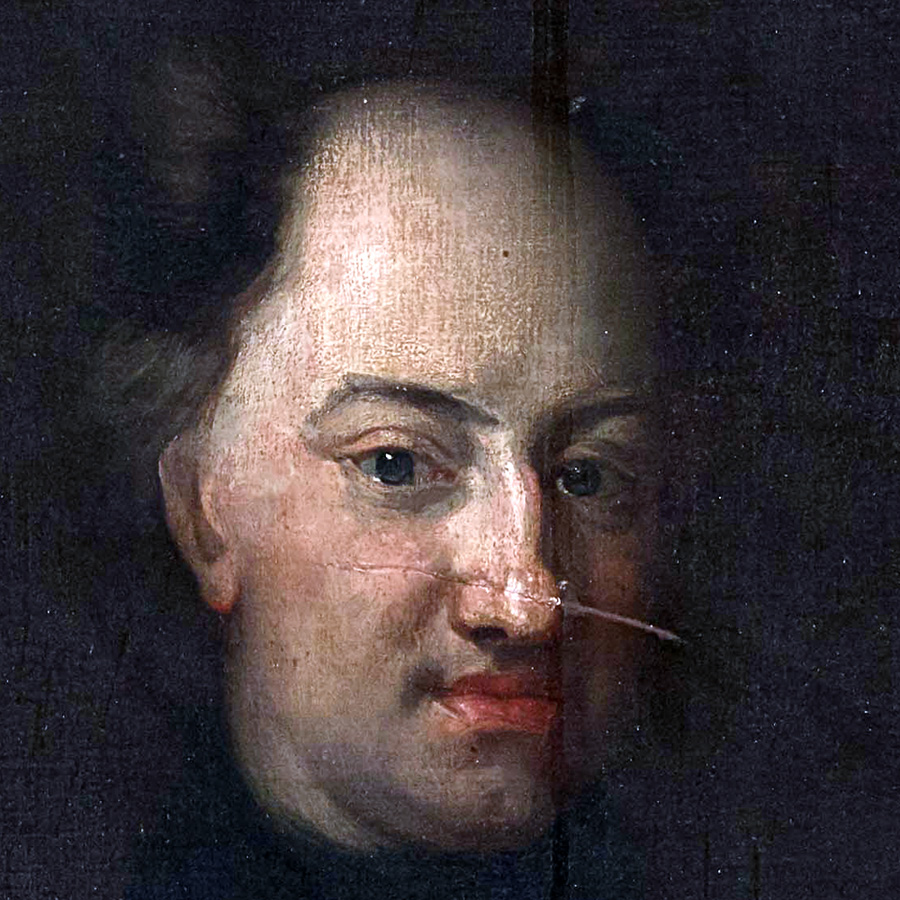 Närbild av skadan i porträtt av Karl XII som Karl XII själv skurit sönder och som finns i Versailles