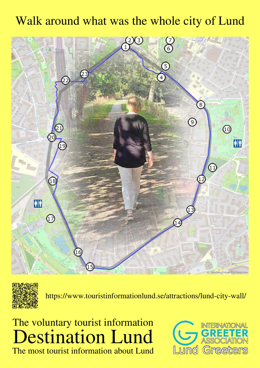 Poster i A3 på engelska om promenaden runt den medeltida stadsvallen i Lund