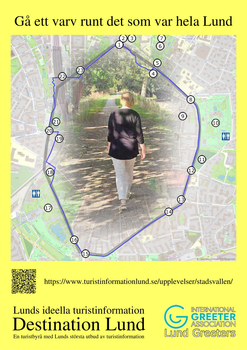 Poster i A3 på svenska om promenaden runt den medeltida stadsvallen i Lund