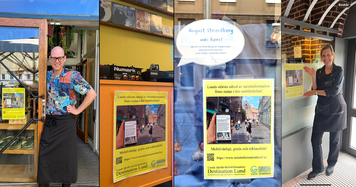 Några verksamheter som satt upp Lunds ideella turistinformation Destination Lunds posters