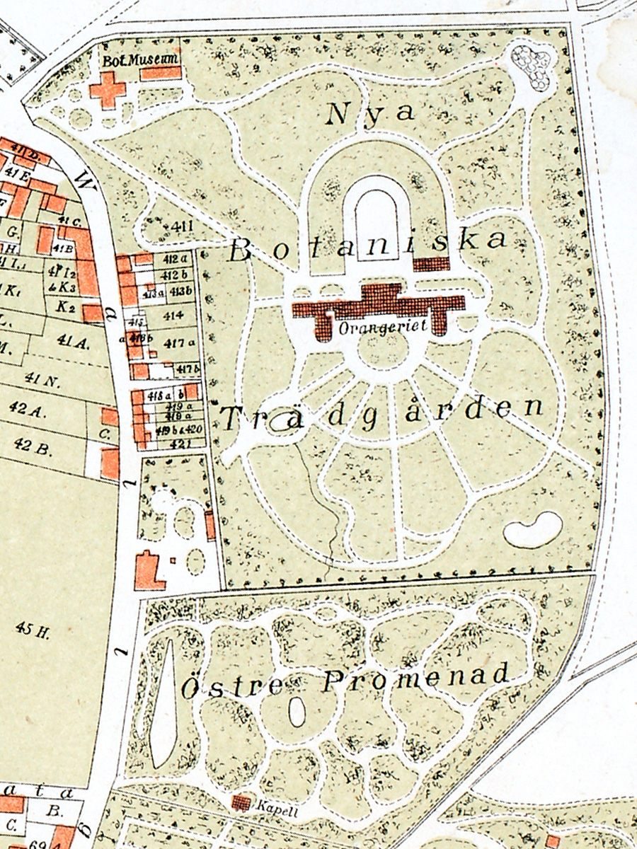 Nya botaniska trädgården på en karta från 1875