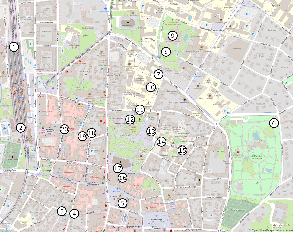 Karta som visar var de flesta av inspelningsplatserna för filmen 'Ett ärligt liv' finns i centrum av Lund