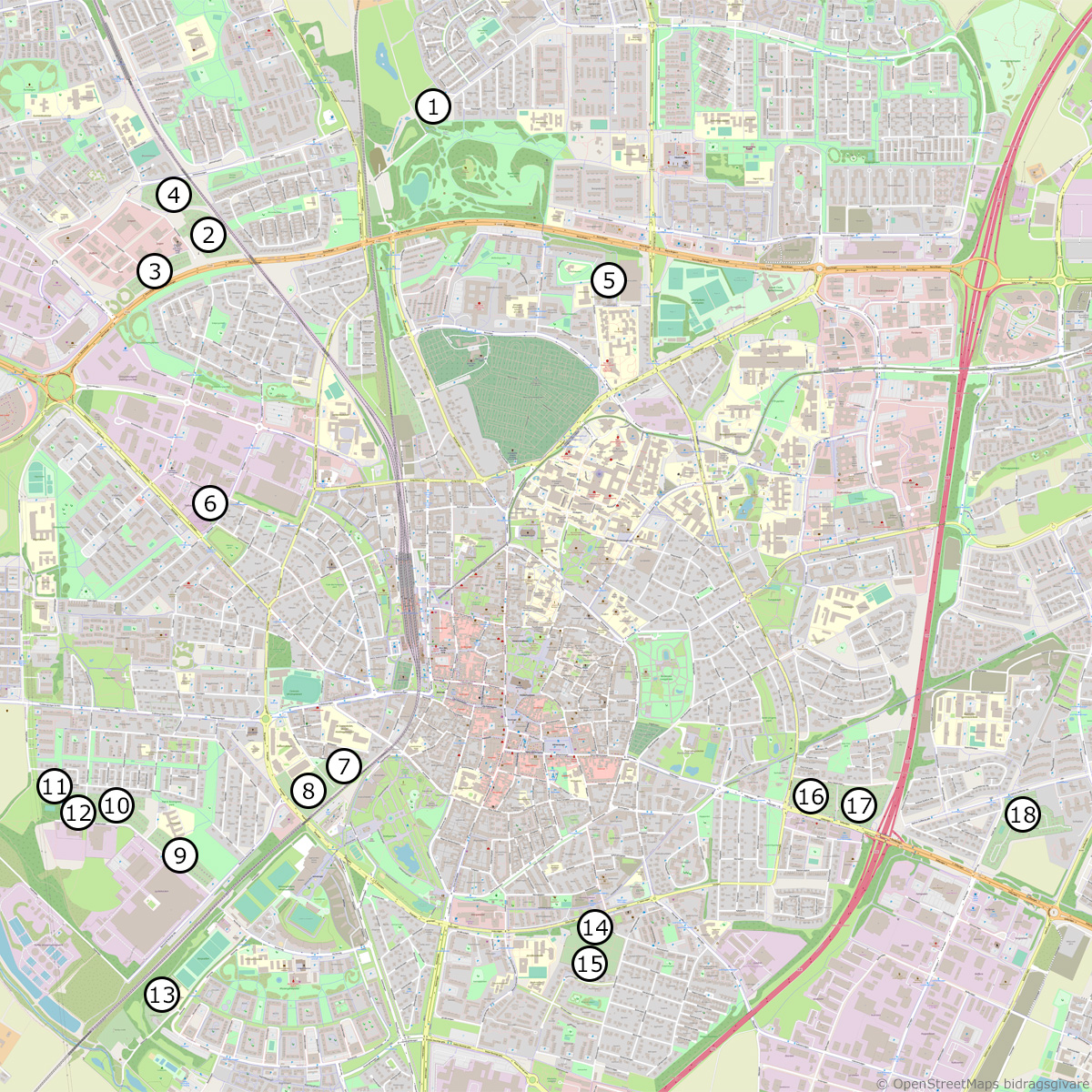 Karta över alla Lunds 18 koloniområden.