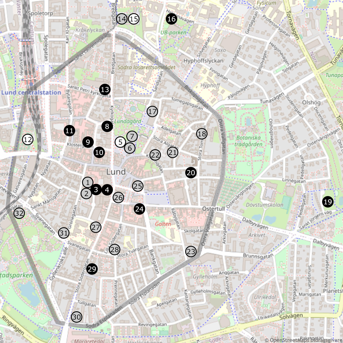 Karta över alla Lunds vikingatida och medeltida kyrkor