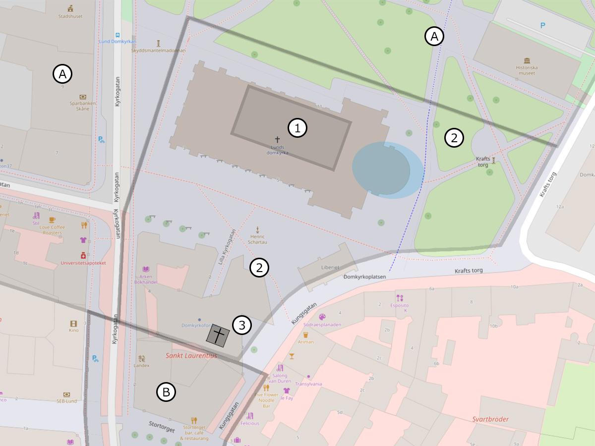 Karta över området för den vikingatida klosterverksamheten Sankt Laurentius i Lund