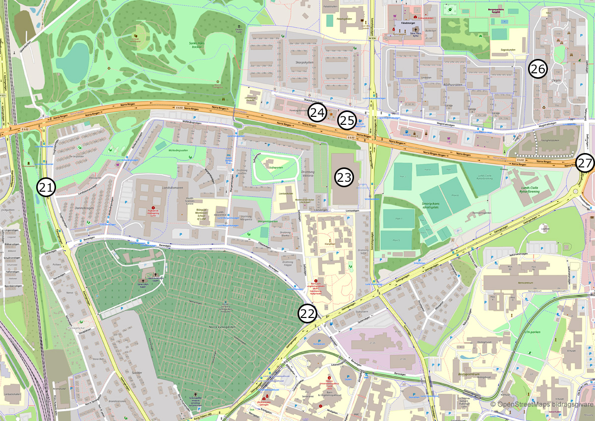 Karta över platser i den norra delen av Lund som nämns i spänningsromanen 'Ett ärligt liv'