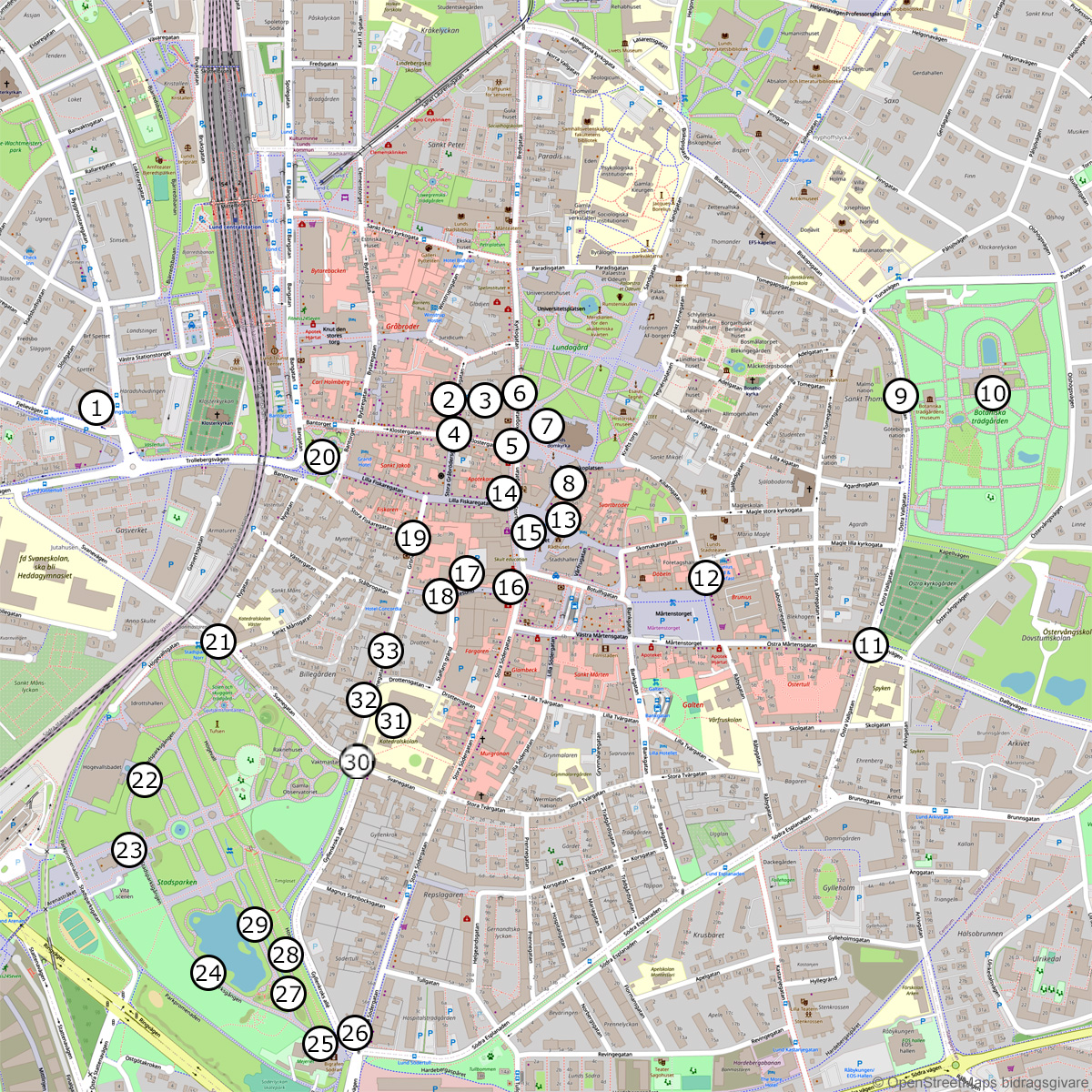 Karta över platser i Lunds centrum som nämns i kriminalromanen Vit syren av författaren Cecilia Sahlström