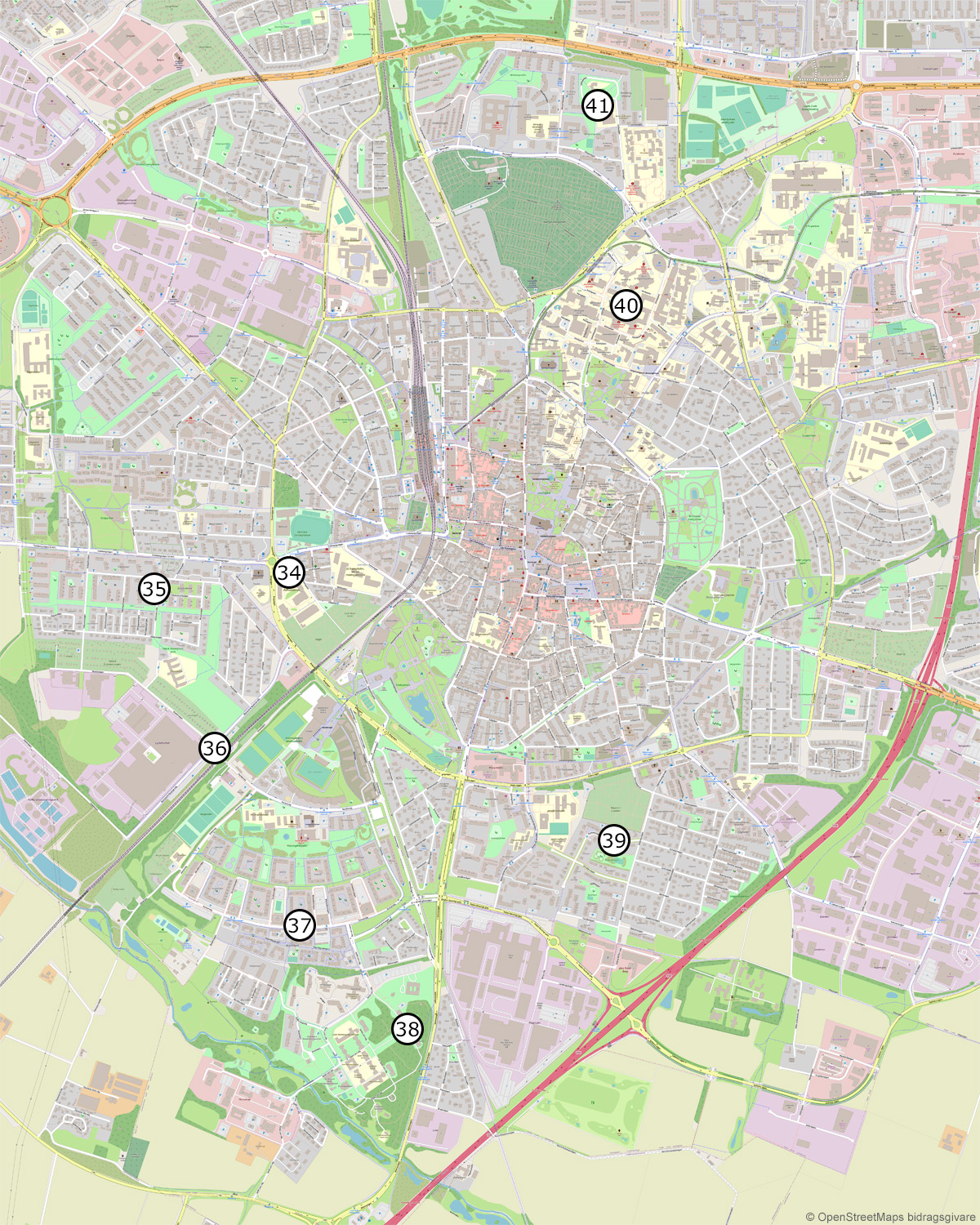 Karta över platser i Lunds centrum som nämns i kriminalromanen Vit syren av författaren Cecilia Sahlström