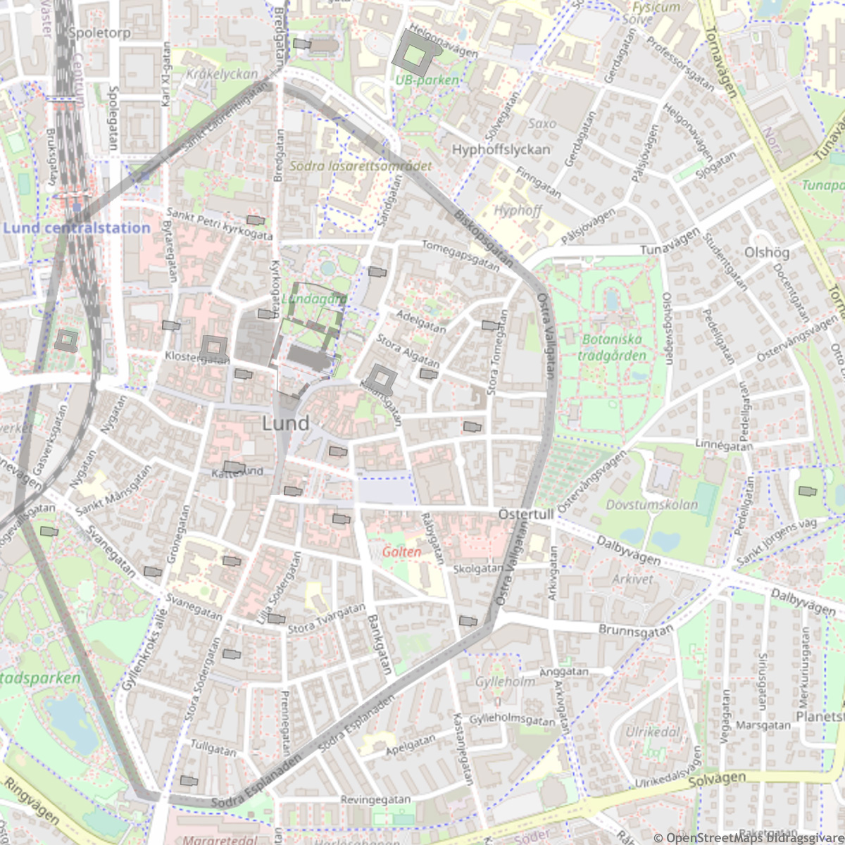 Karta över Lunds medeltida stadskärna