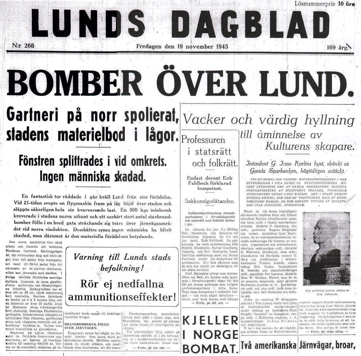 Lunds dagblad 1943-11-19 om bombningen av Lund