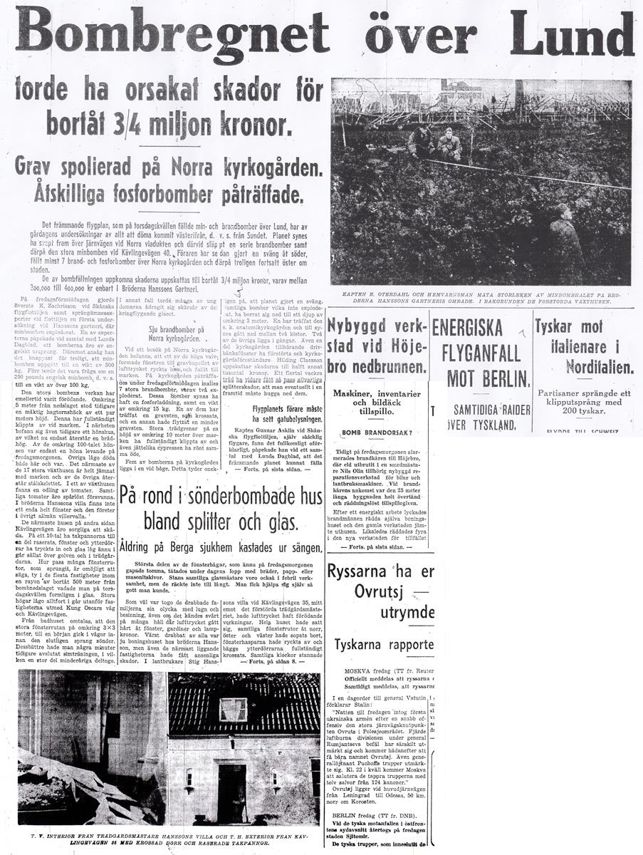 Lunds dagblad 1943-11-20 om bombningen av Lund