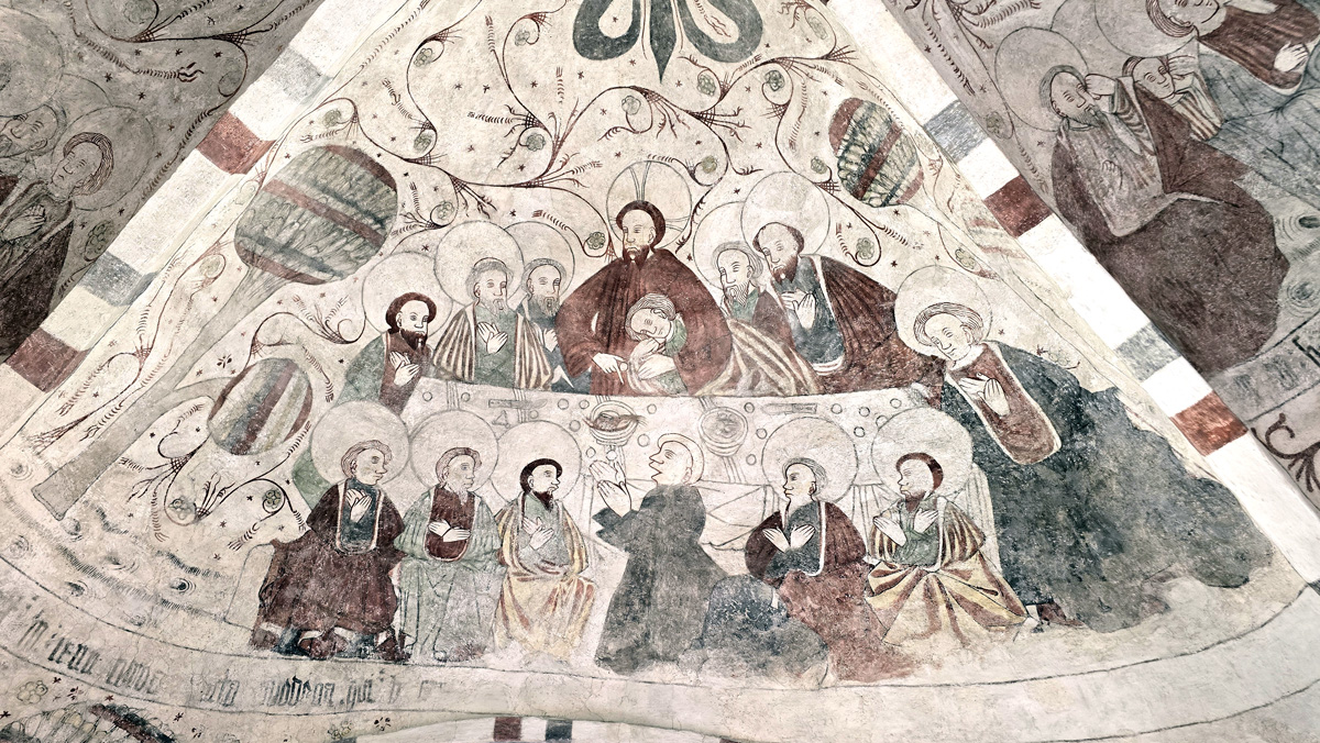 Kalmålning i Hällestadskyrka där Jesus och lärjungarna och äter