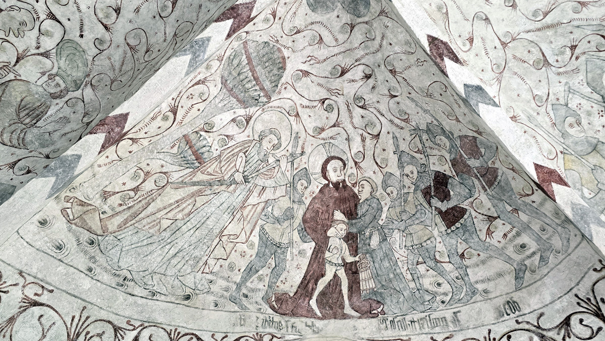 Kalmålning i Hällestadskyrka där Judas förråder Jesus