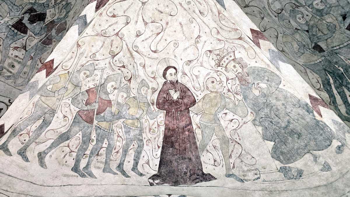 Kalmålning i Hällestadskyrka där Jesus förs till Herodes