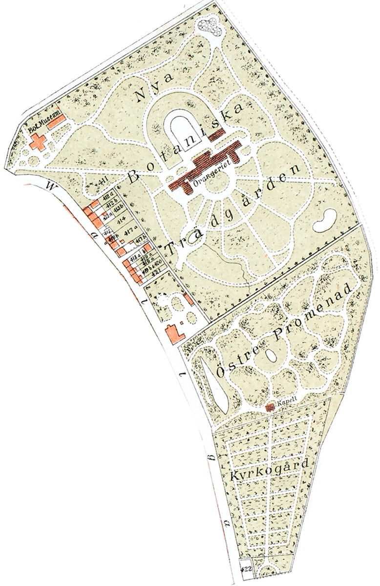 Karta från 1875 över botaniska trädgården med Östra promenaden och Östra kyrkogården i söder.