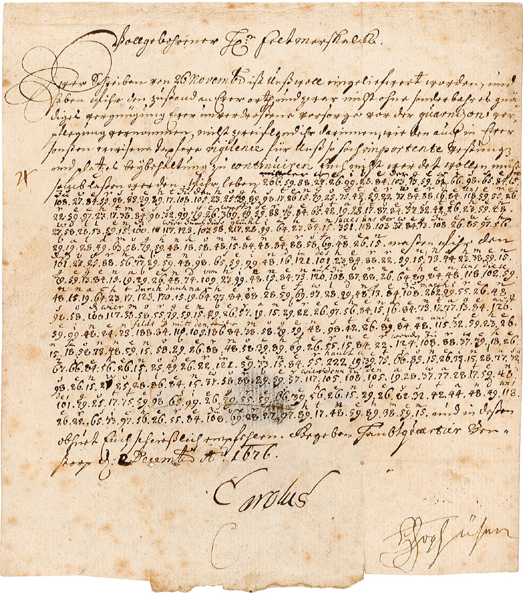 Chiffrerat brev den 2 december 1676 från Karl XI till kommendanten på Malmöhus