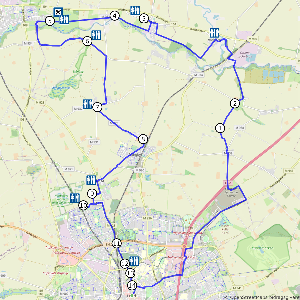 Karta med vägvisning för cykelrunda runt Slaget vid Lund