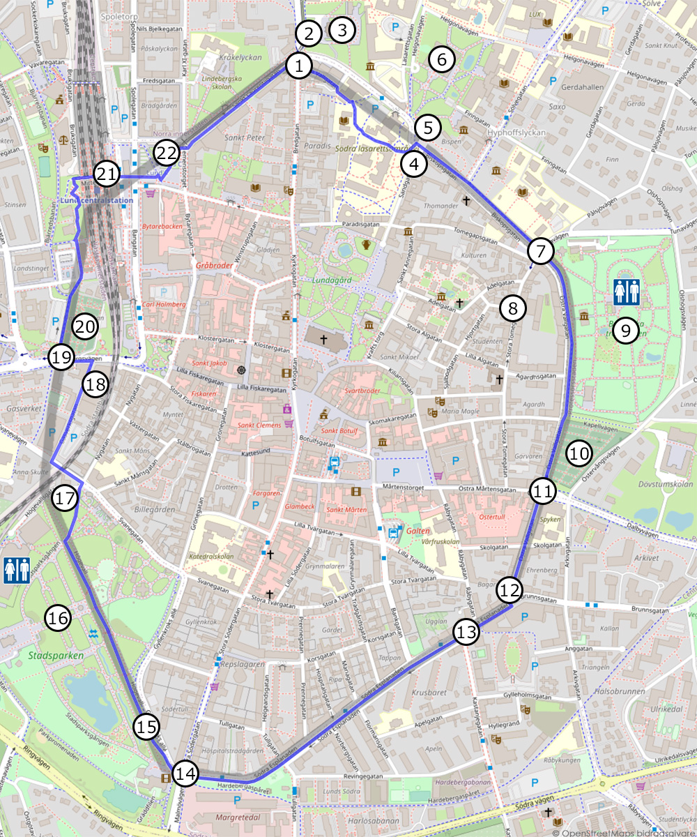 Karta över den medeltida stadsvallen i Lund med rekommenderad promenadväg runt den