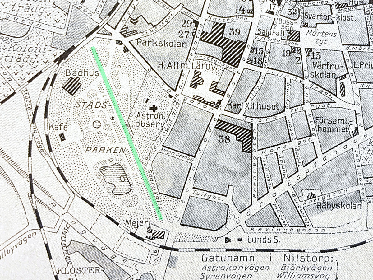 Karta från 1940 över stadsparken i Lund