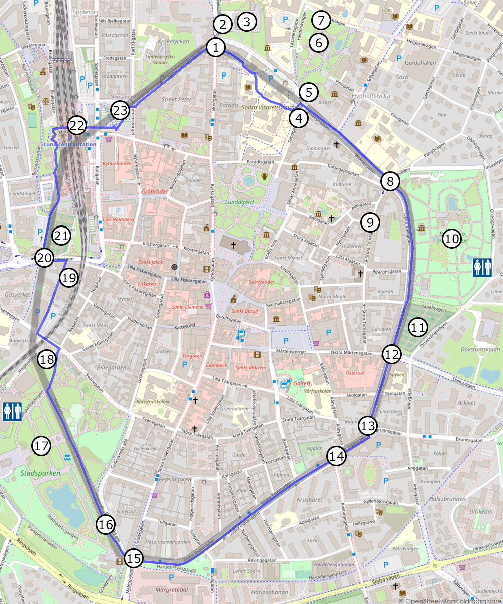 Karta över den medeltida stadsvallen i Lund med rekommenderad promenadväg runt den
