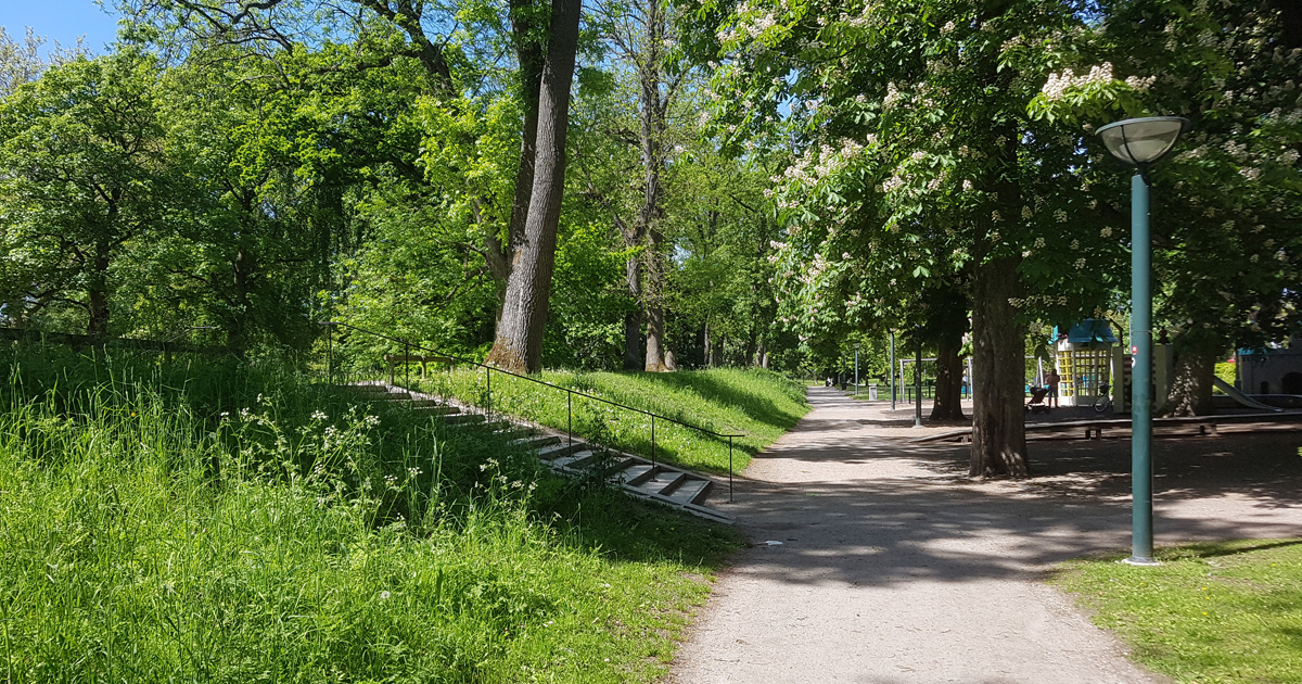 Bevarad rest av den medeltida stadsvallen i Lunds stadspark