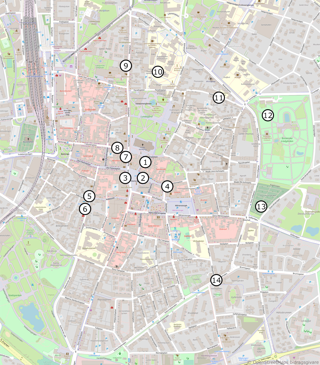 Karta över platserna om August Strindberg i Lund