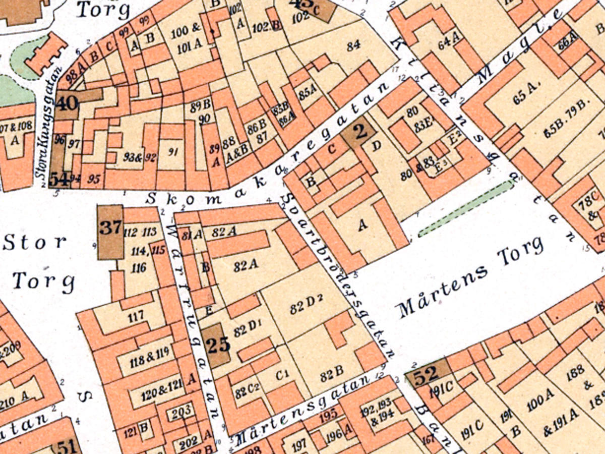 Karta från 1896 som visar hur det såg ut i området omkring Skomakaregatan och Svartbrödersgatan