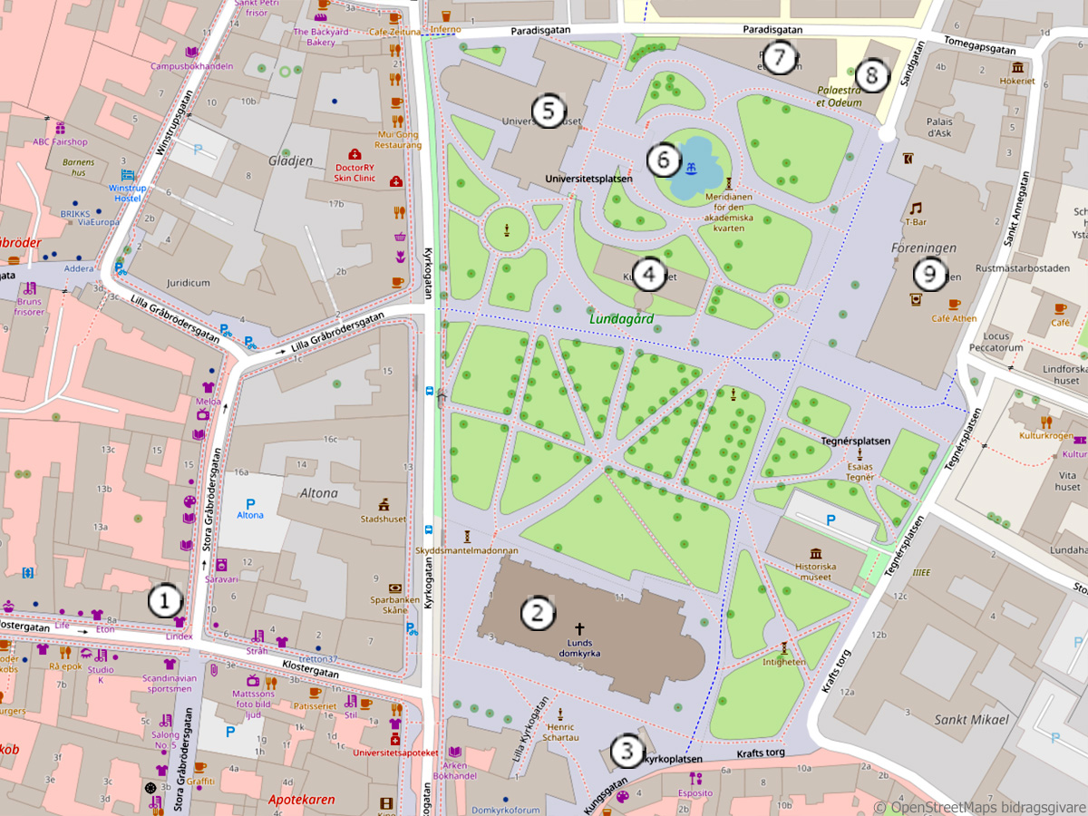 Karta över platser där Lunds akademiska historia utspelat sig