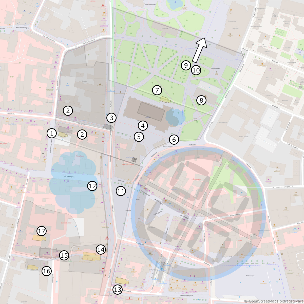 Karta över platser med vikingatida historia i Lunds centrum