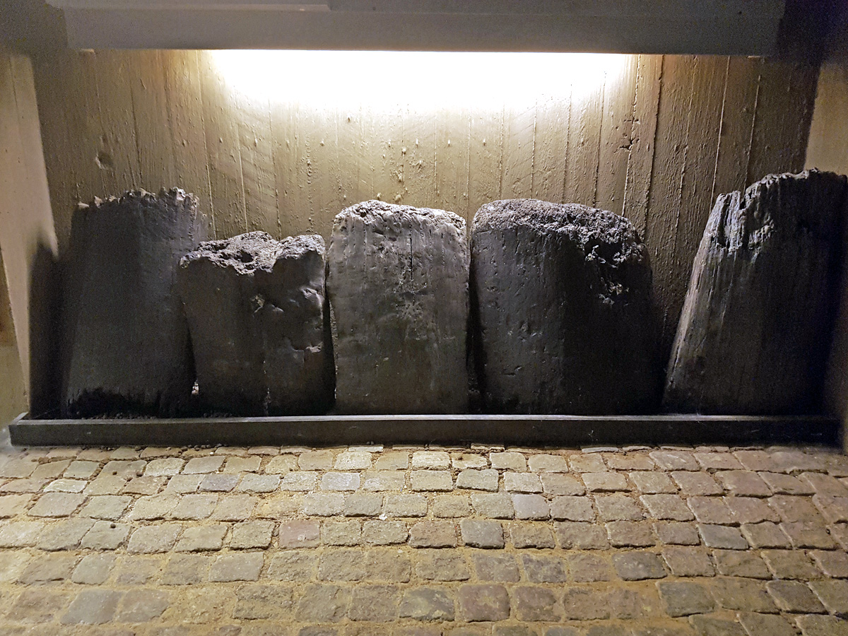 Rester av några av stavarna som ingick i väggarna till Östra Kattesundskyrkan i Lund